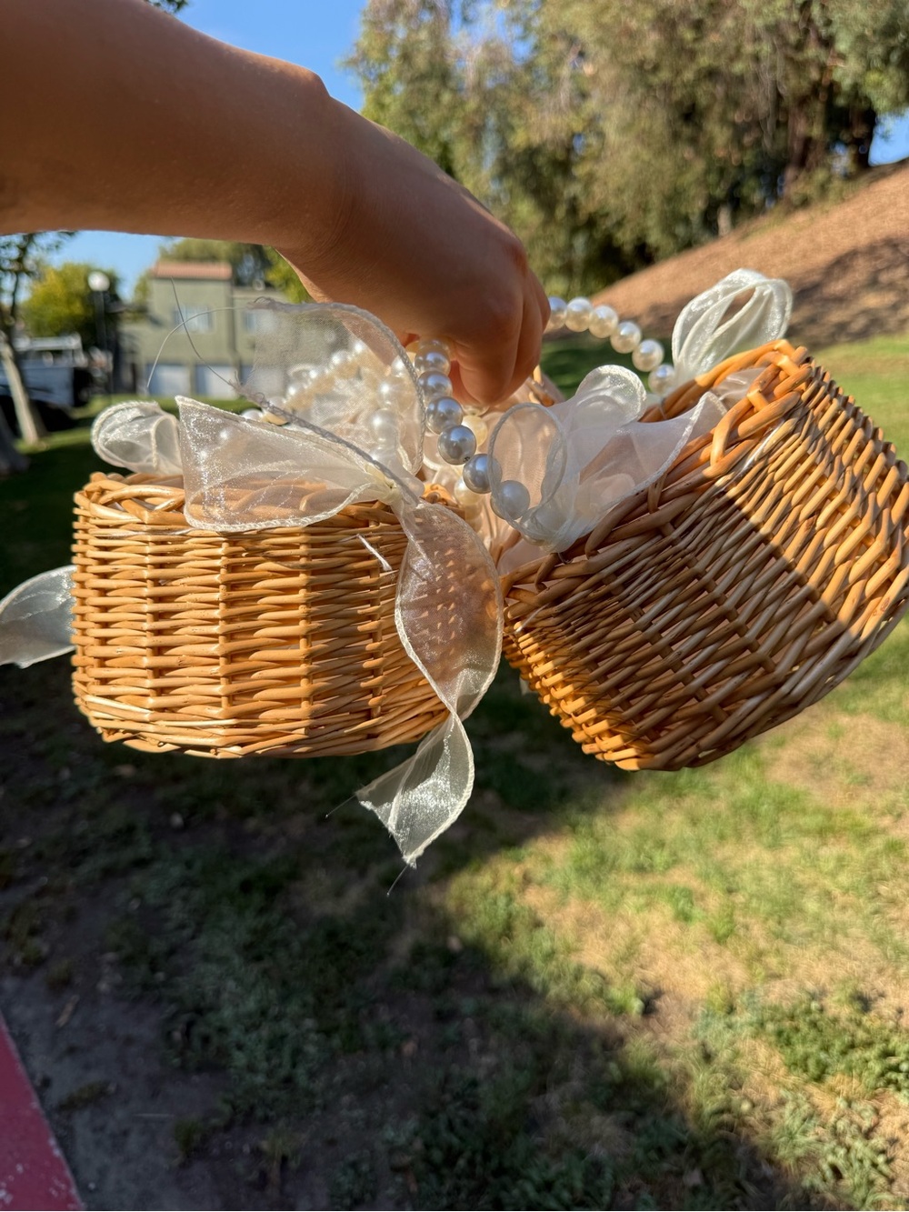 Kids Wicker Basket Purse with Pearl Handle and Cream Bow